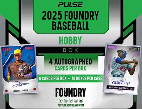 Promotional image of Pulse 2025 Foundry Baseball hobby box with two trading cards displayed.
